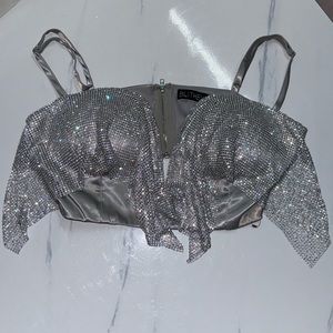 Grey Diamond embroidery silk cropped top